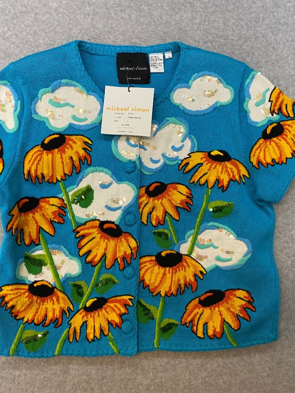 NEW! Vintage Michael Simon Cardigan L • Clouds Flowers  • 1998 • Art To Wear